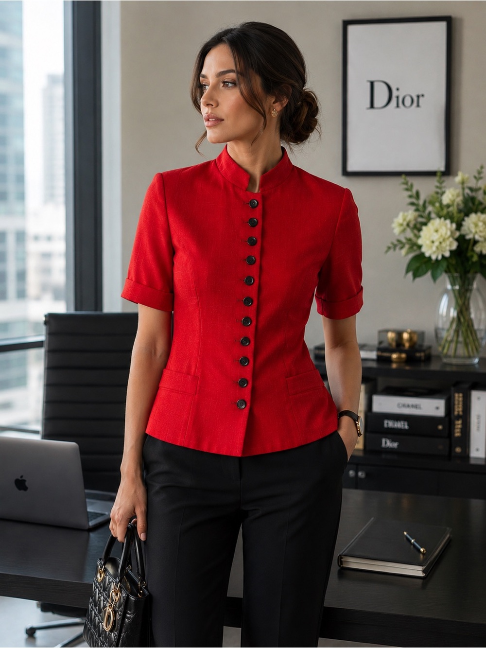 Vintage Christian Dior Boutique Red Mandarin Collar Jacket Blazer USA